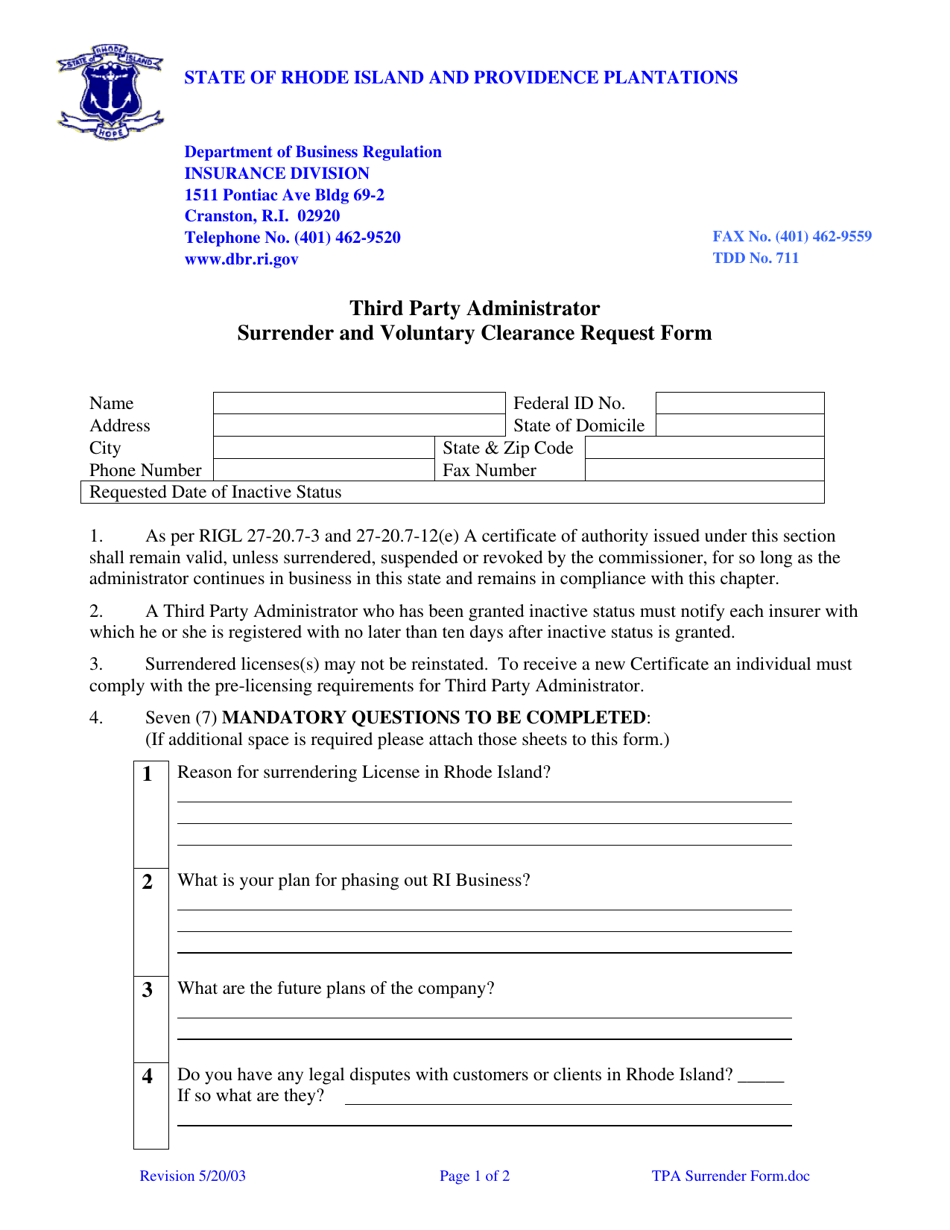 Third Party Administrator Surrender and Voluntary Clearance Request Form - Rhode Island, Page 1