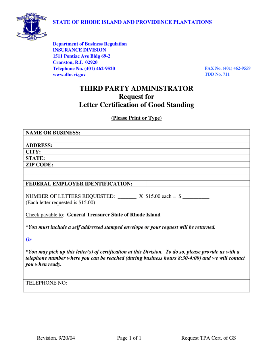 Third Party Administrator Request for Letter Certification of Good Standing - Rhode Island, Page 1