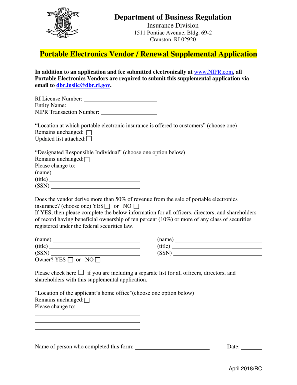 Portable Electronics Vendor / Renewal Supplemental Application Form - Rhode Island, Page 1