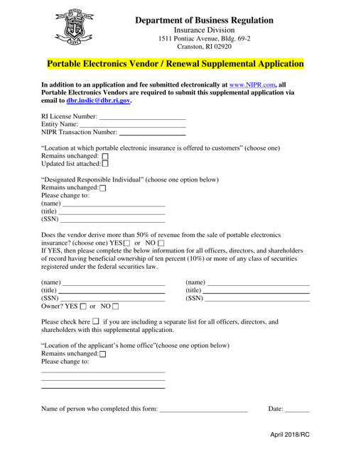 Portable Electronics Vendor/Renewal Supplemental Application Form - Rhode Island