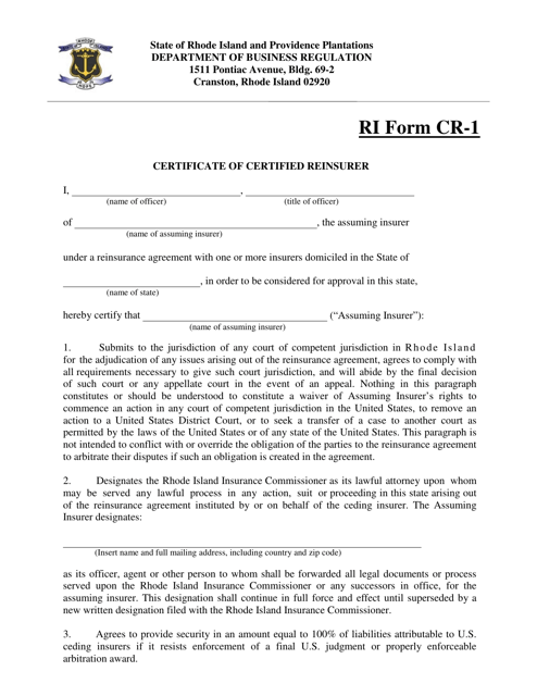 Form CR-1 Certificate of Certified Reinsurer - Rhode Island