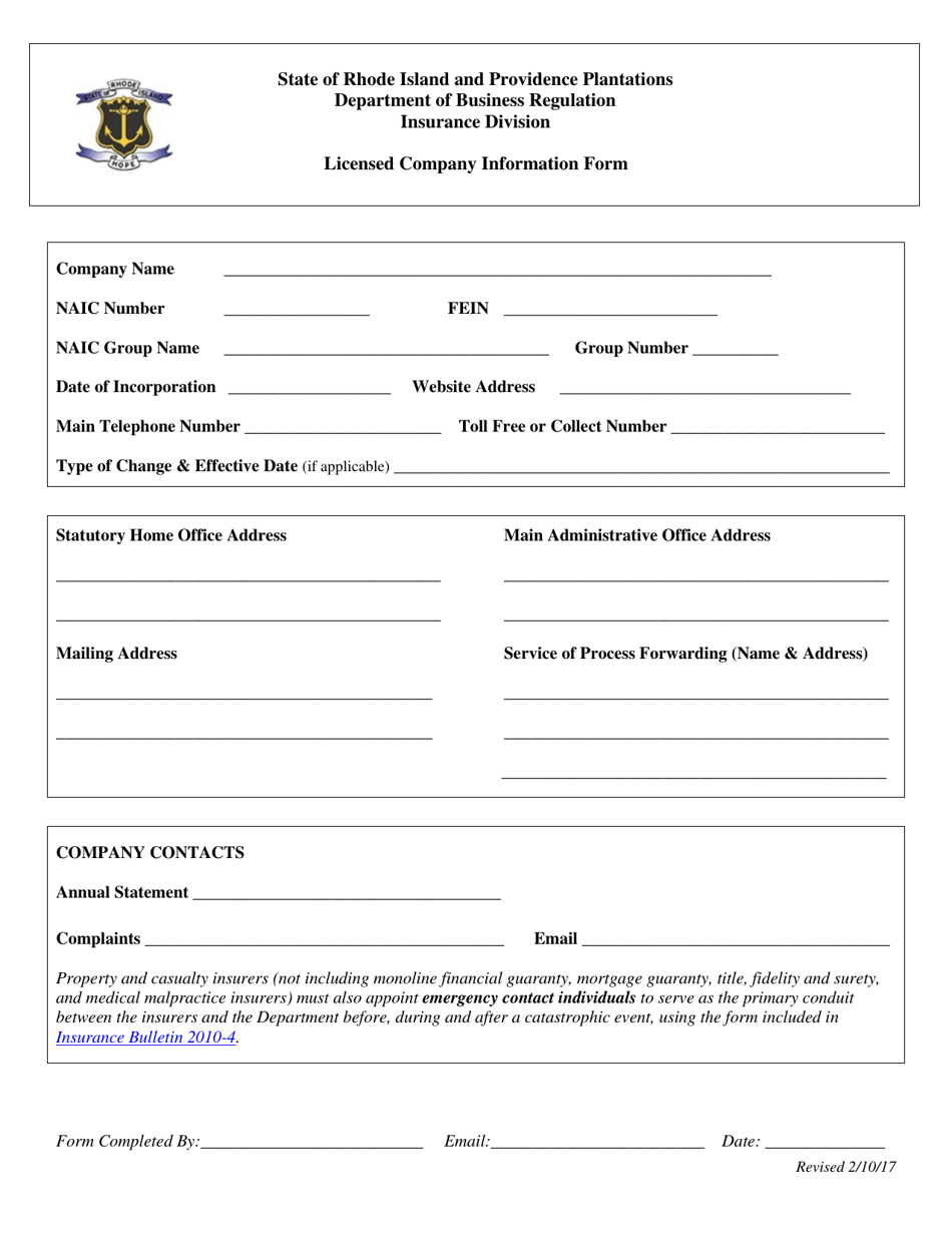 Licensed Company Information Form - Rhode Island, Page 1