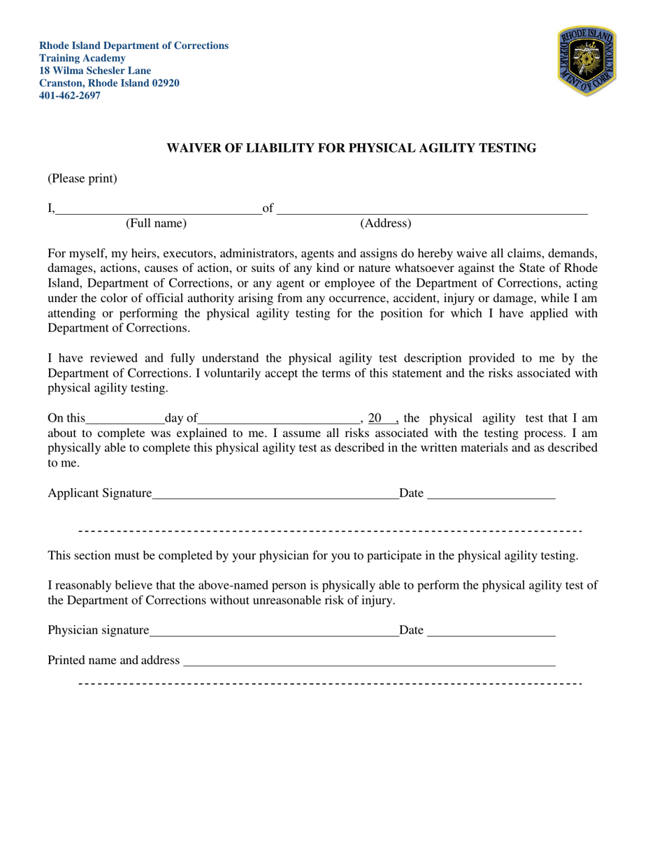 Waiver of Liability for Physical Agility Testing - Rhode Island, Page 1
