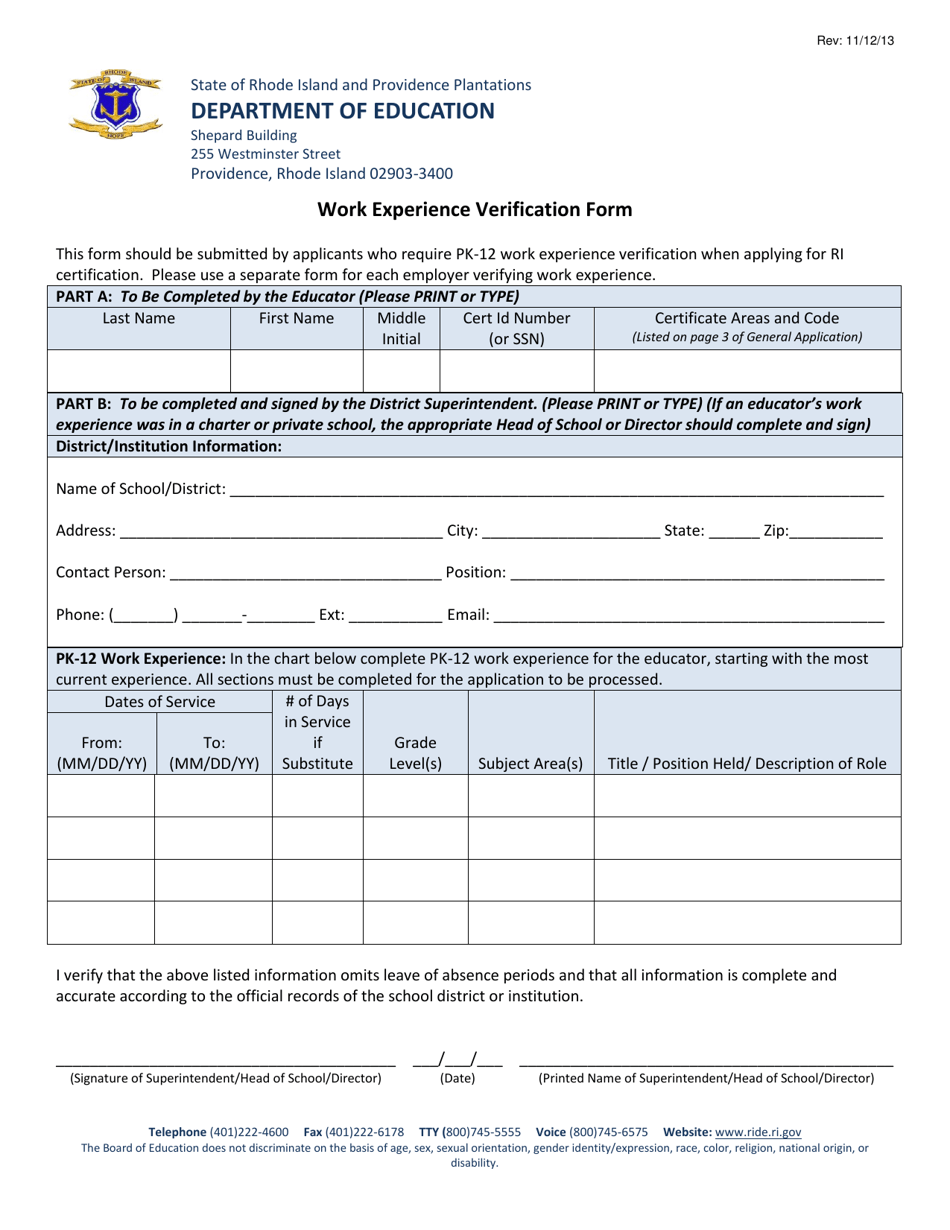 Work Experience Verification Form - Rhode Island, Page 1