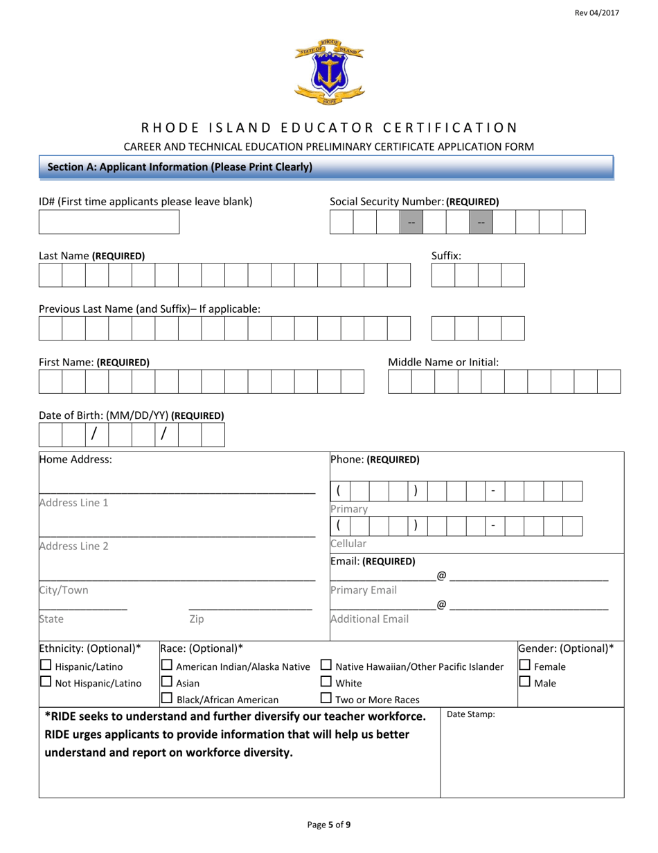 Career and Technical Education Preliminary Certificate Application Form - Rhode Island, Page 5