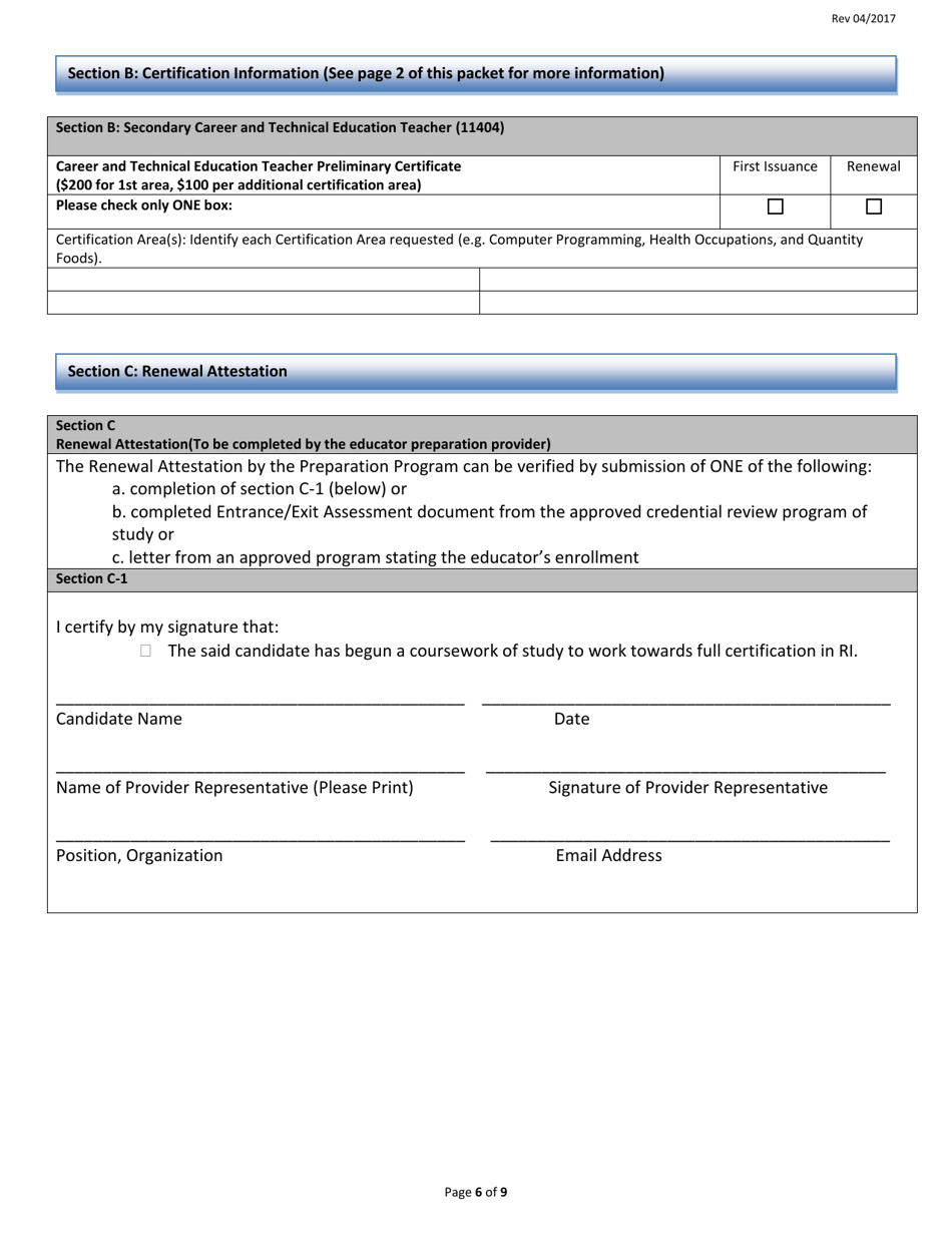 Career and Technical Education Preliminary Certificate Application Form - Rhode Island, Page 6