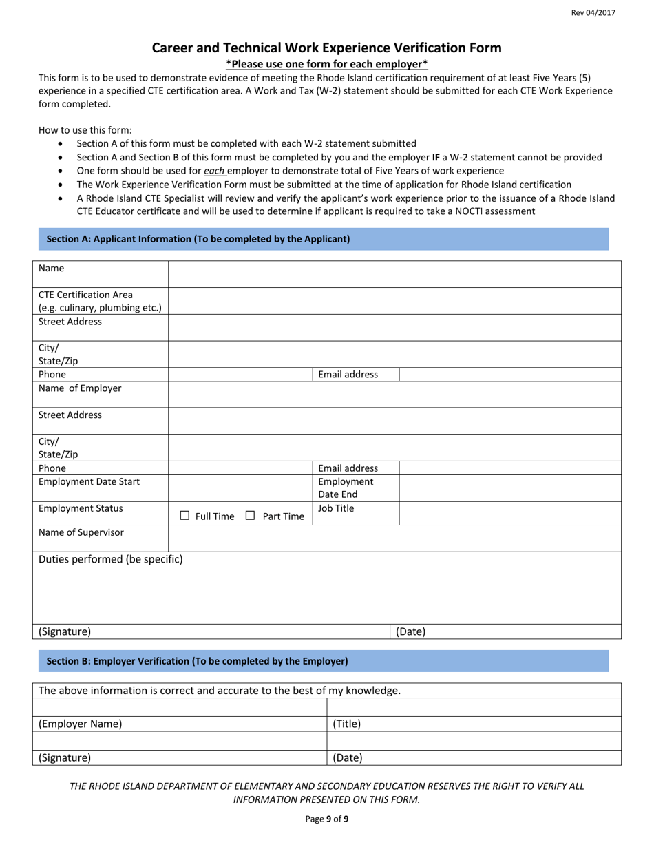 Career and Technical Education Preliminary Certificate Application Form - Rhode Island, Page 9