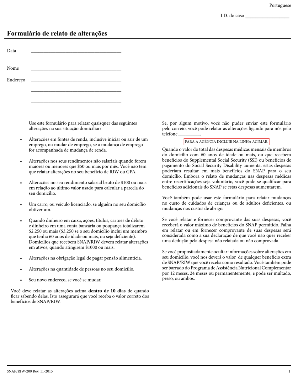 Form SNAP/RIW-200 Change Report Form - Rhode Island (Portuguese), Page 1
