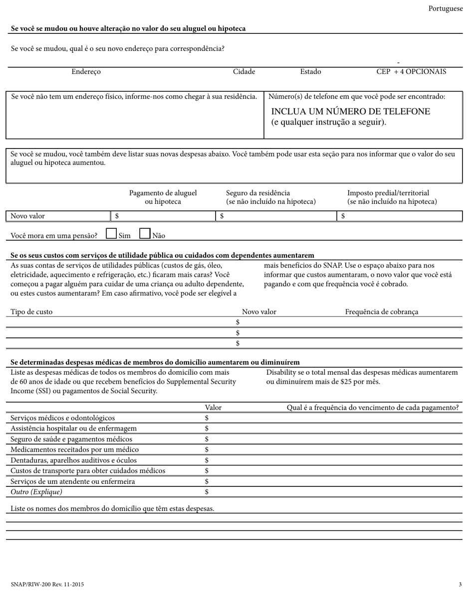 Form SNAP / RIW-200 Change Report Form - Rhode Island (Portuguese), Page 3