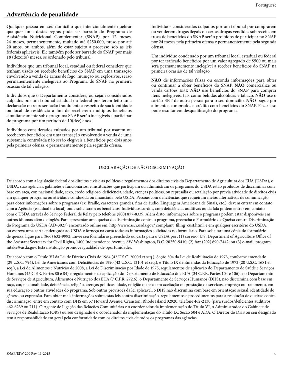 Form SNAP / RIW-200 Change Report Form - Rhode Island (Portuguese), Page 4