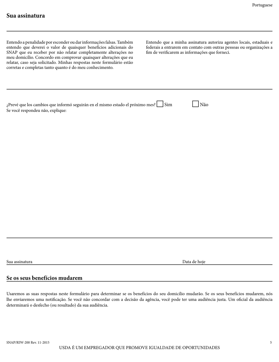 Form SNAP / RIW-200 Change Report Form - Rhode Island (Portuguese), Page 5