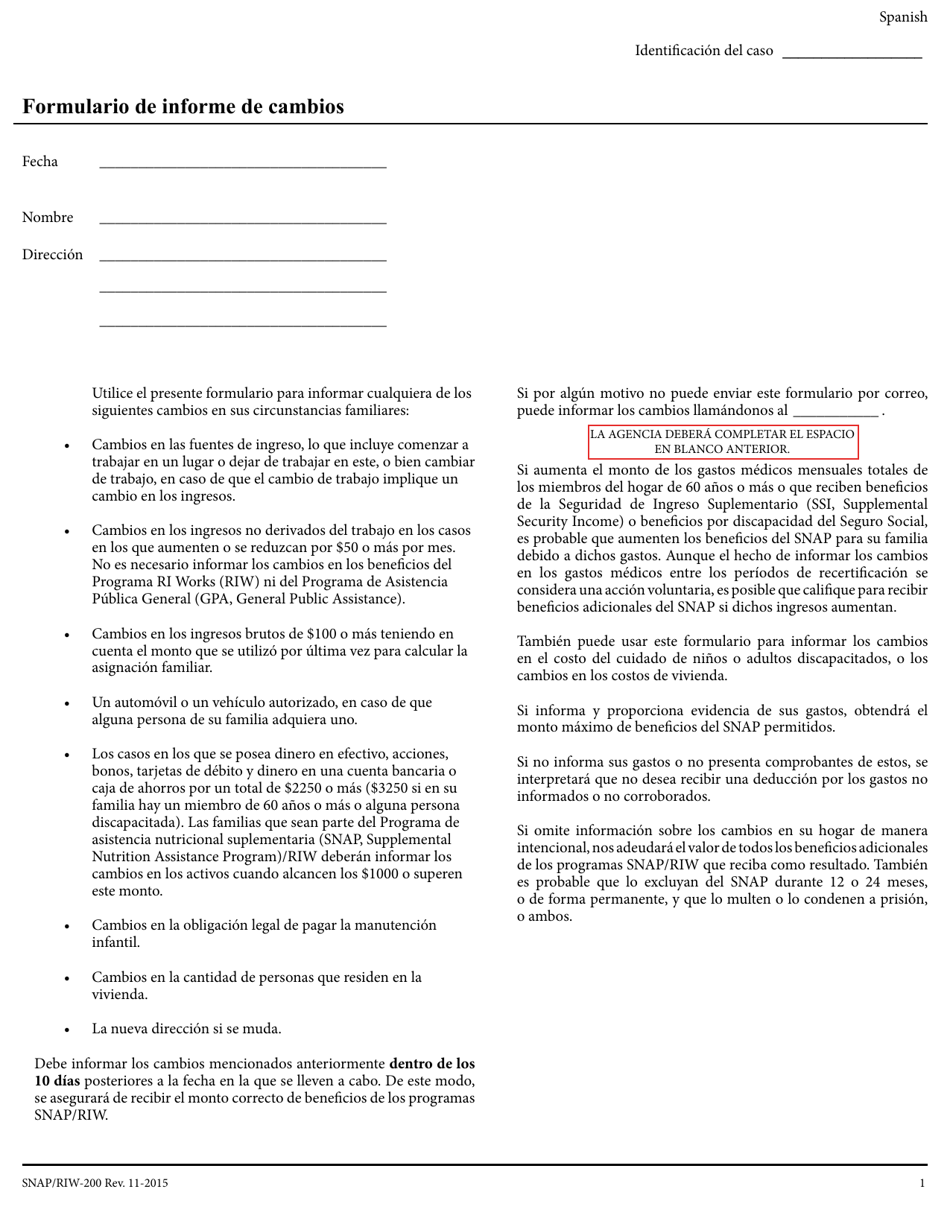 Formulario SNAP / RIW-200 Formulario De Informe De Cambios - Rhode Island (Spanish), Page 1