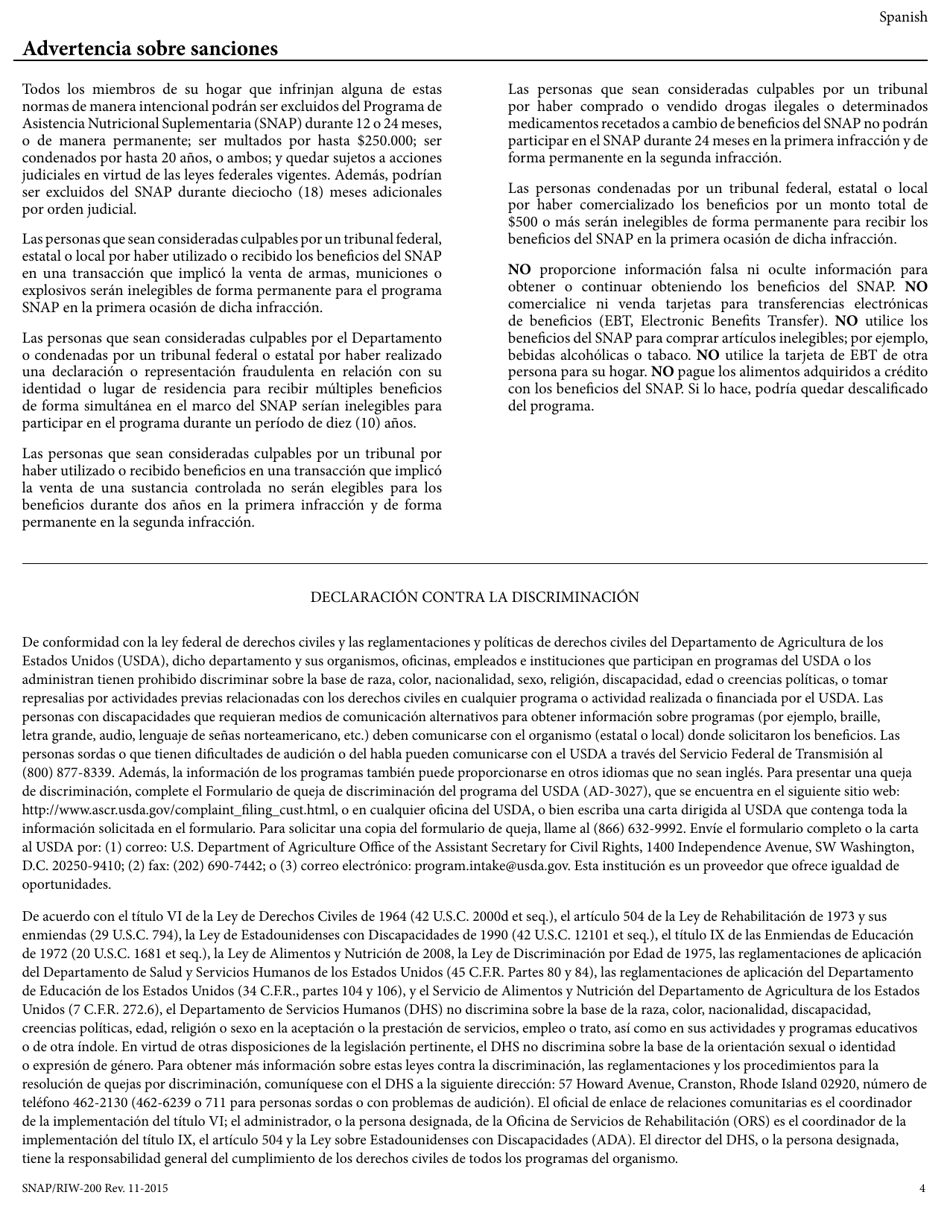 Formulario SNAP / RIW-200 Formulario De Informe De Cambios - Rhode Island (Spanish), Page 4