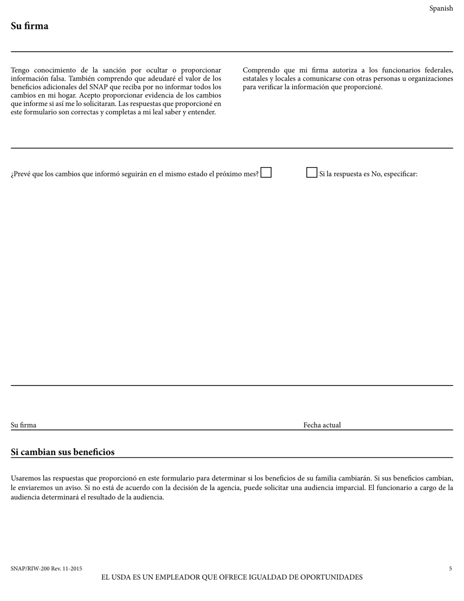 Formulario SNAP / RIW-200 Formulario De Informe De Cambios - Rhode Island (Spanish), Page 5