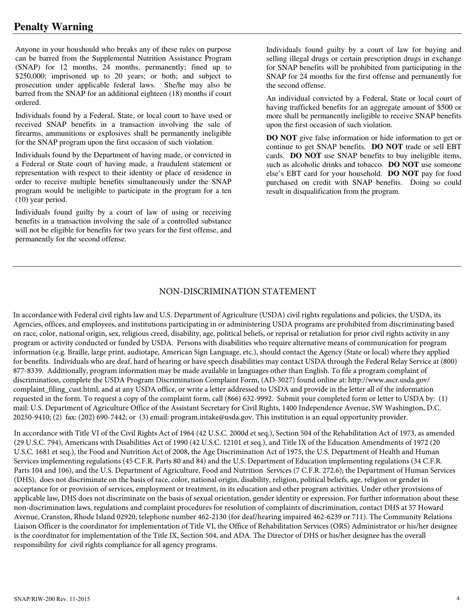 Form SNAP / RIW-200 Change Report Form - Rhode Island, Page 4