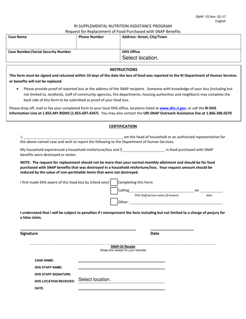 Form SNAP-55 Request for Replacement of Food Purchased With Snap Benefits - Rhode Island