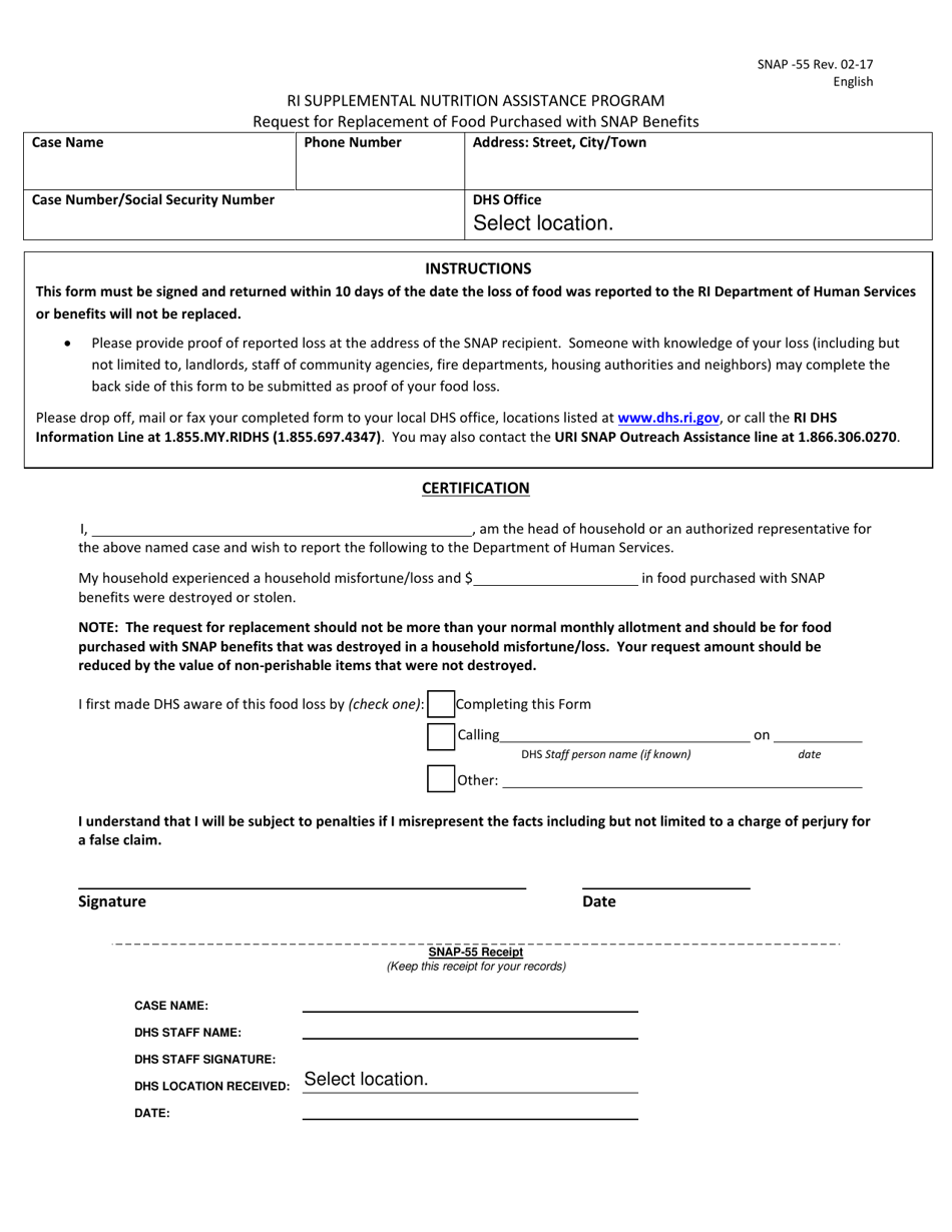Form SNAP-55 Request for Replacement of Food Purchased With Snap Benefits - Rhode Island, Page 1