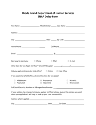 Document preview: Snap Delay Form - Rhode Island