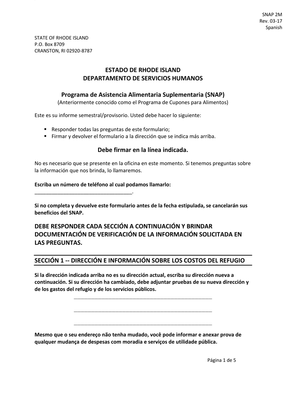 Formulario SNAP2M Interim Report Form - Rhode Island (Spanish), Page 1
