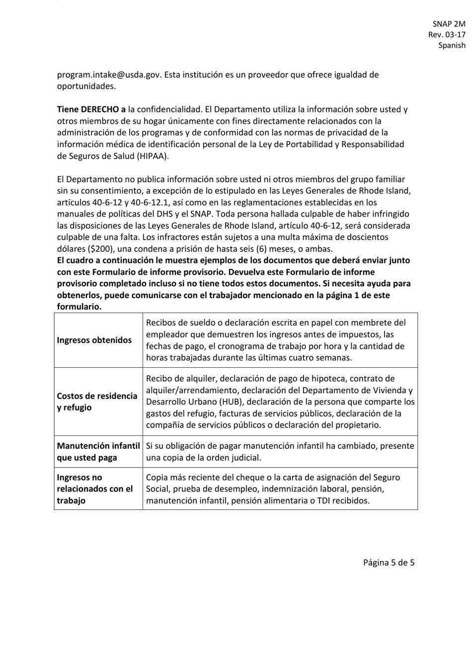 Formulario SNAP2M Interim Report Form - Rhode Island (Spanish), Page 5