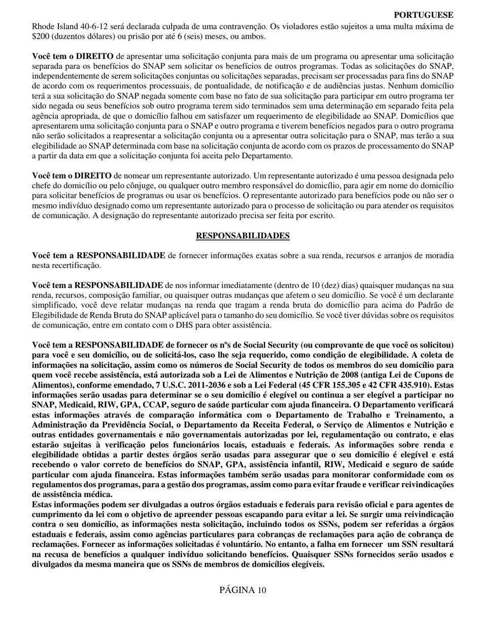 Form SNAP-2 Snap Recertification Form - Rhode Island (Portuguese), Page 10