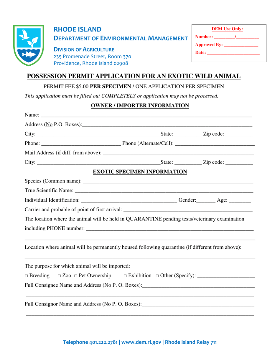 Rhode Island Possession Permit Application for an Exotic Wild Animal