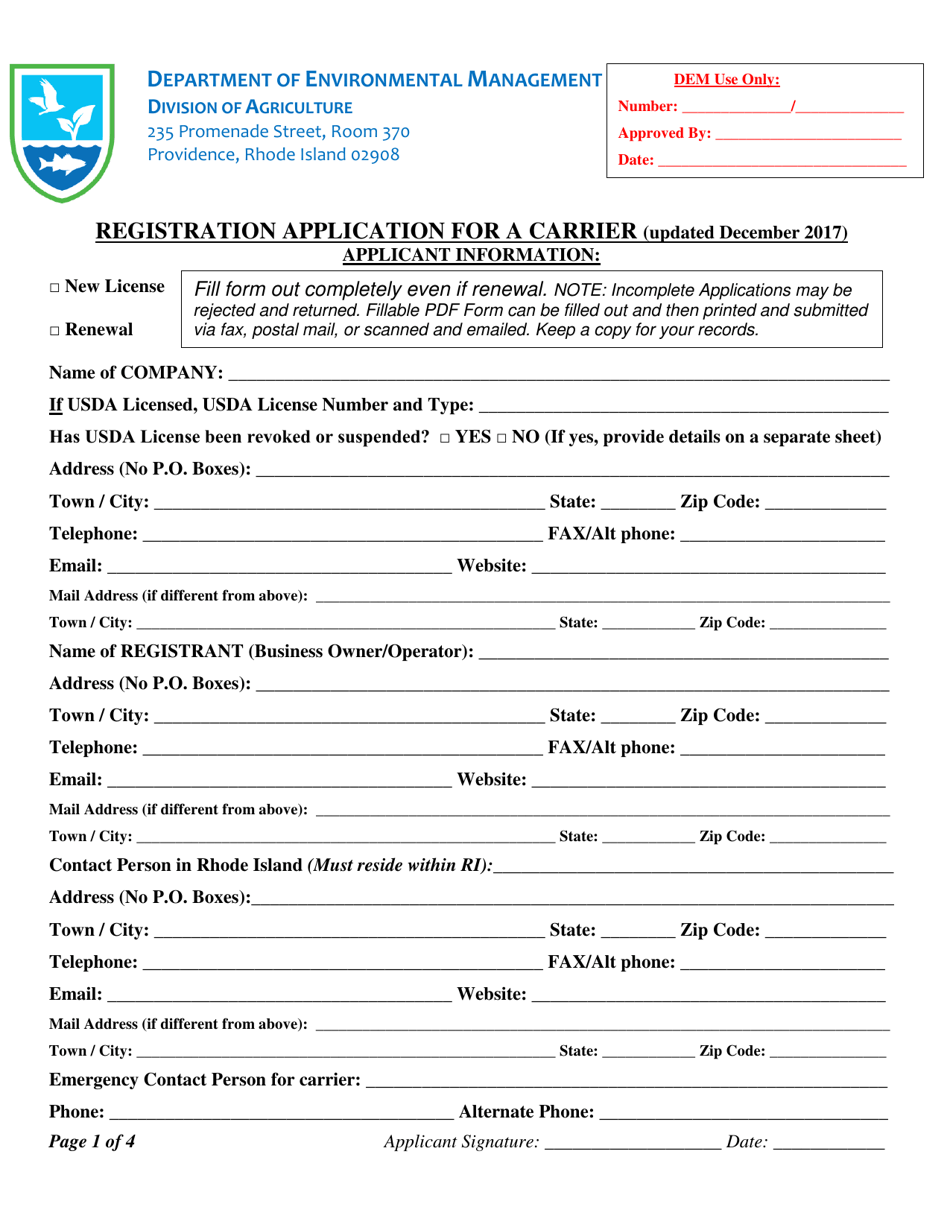 Registration Application for a Carrier - Rhode Island, Page 1