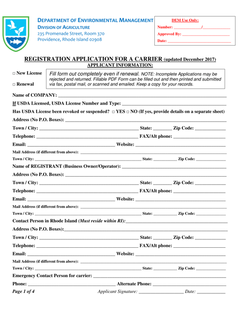 Registration Application for a Carrier - Rhode Island Download Pdf