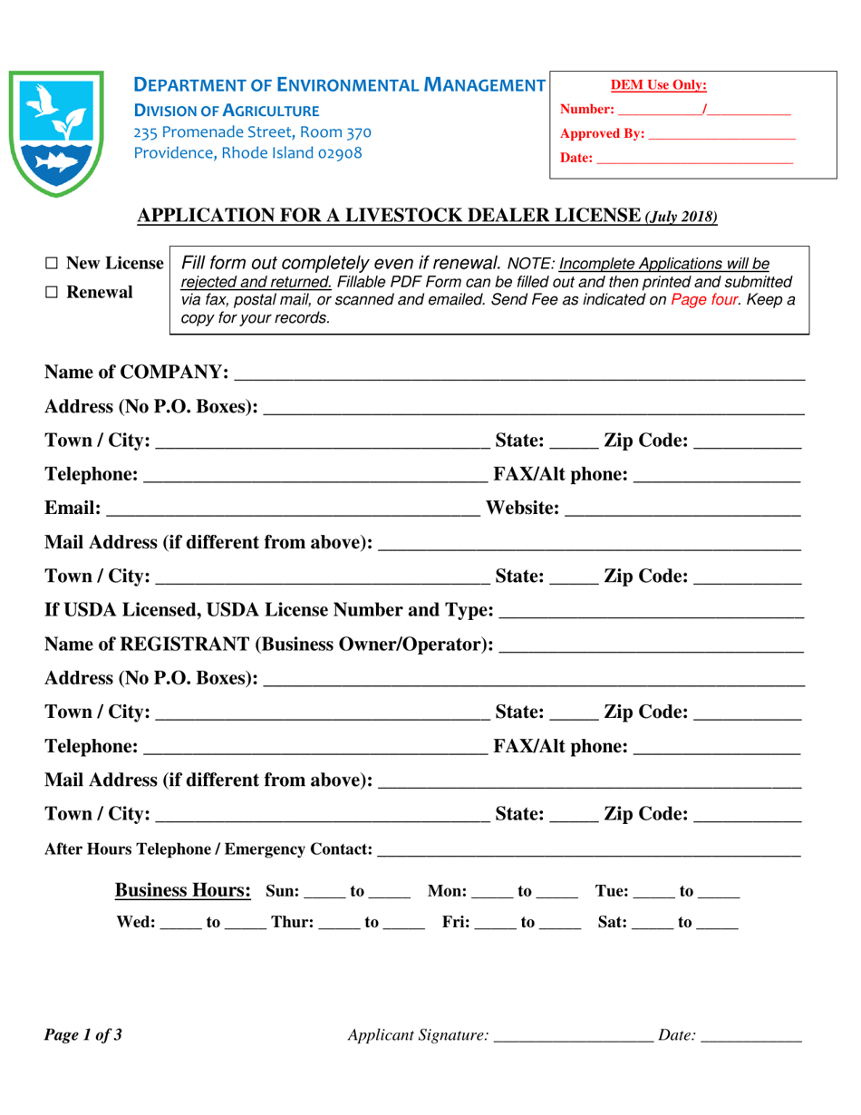 Application for Livestock Dealer License - Rhode Island, Page 1