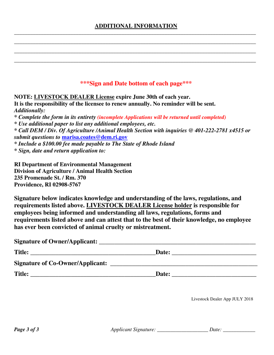 Rhode Island Application for Livestock Dealer License Download