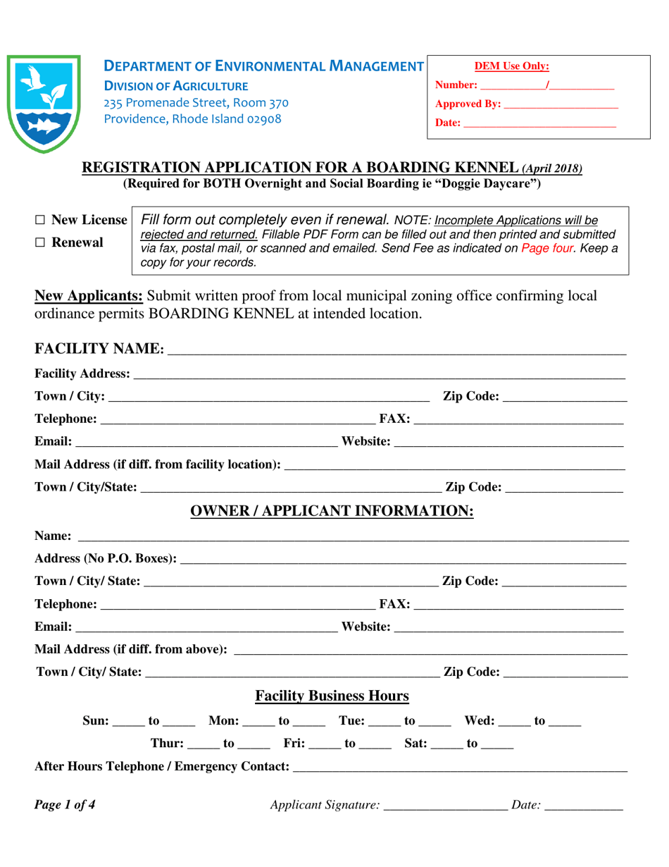 Registration Application for a Boarding Kennel - Rhode Island, Page 1