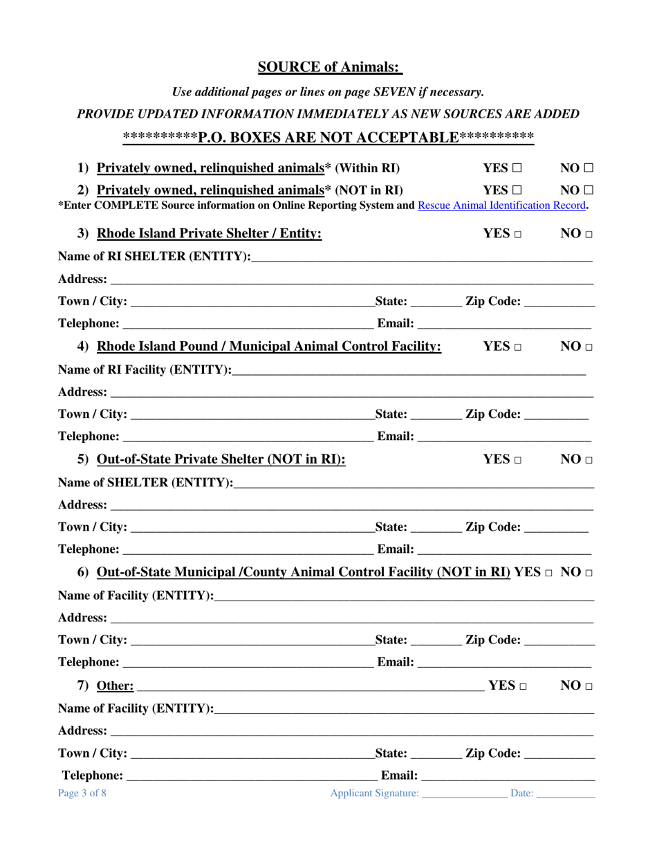 Registration Application for Animal Rescue, Shelter,broker, or Remote Sales - Rhode Island, Page 3