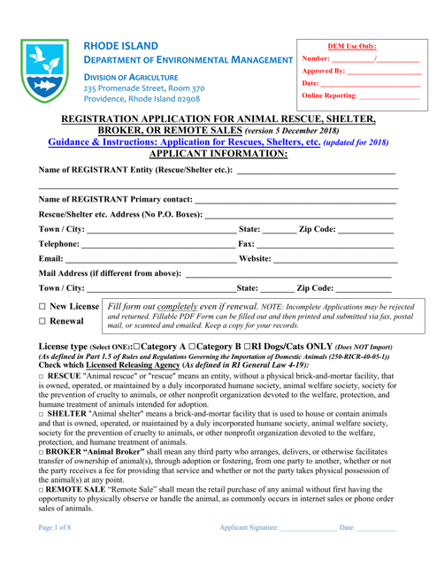 Registration Application for Animal Rescue, Shelter,broker, or Remote Sales - Rhode Island Download Pdf