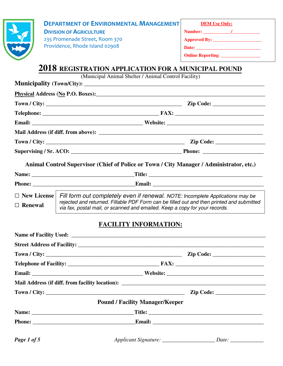 Registration Application for a Municipal Pound - Rhode Island, Page 1