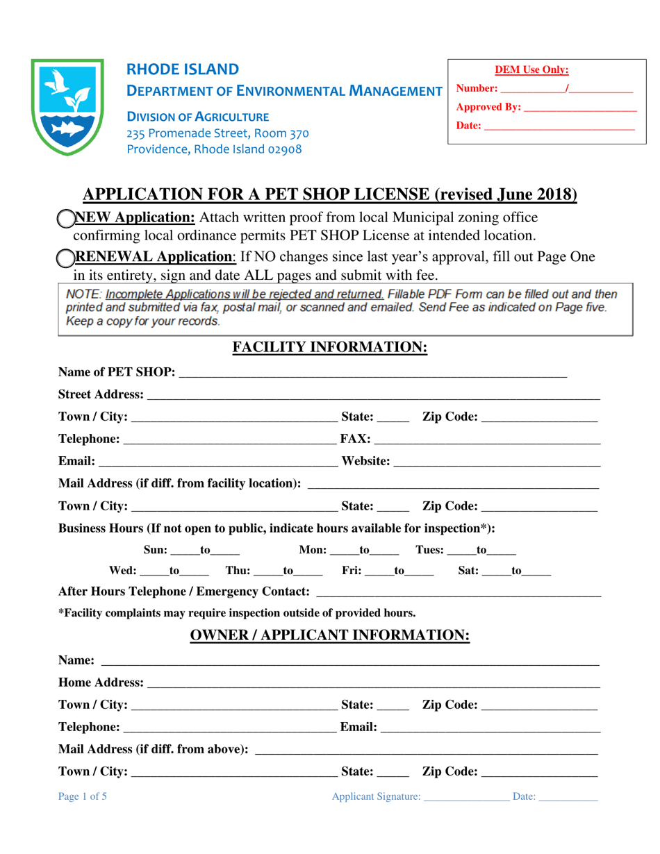Application for a Pet Shop License - Rhode Island, Page 1