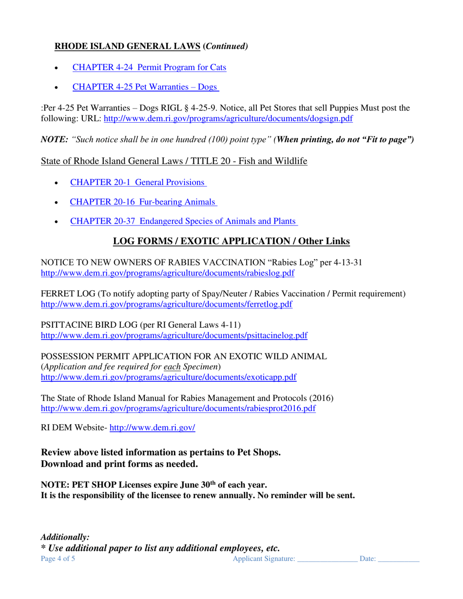 Application for a Pet Shop License - Rhode Island, Page 4