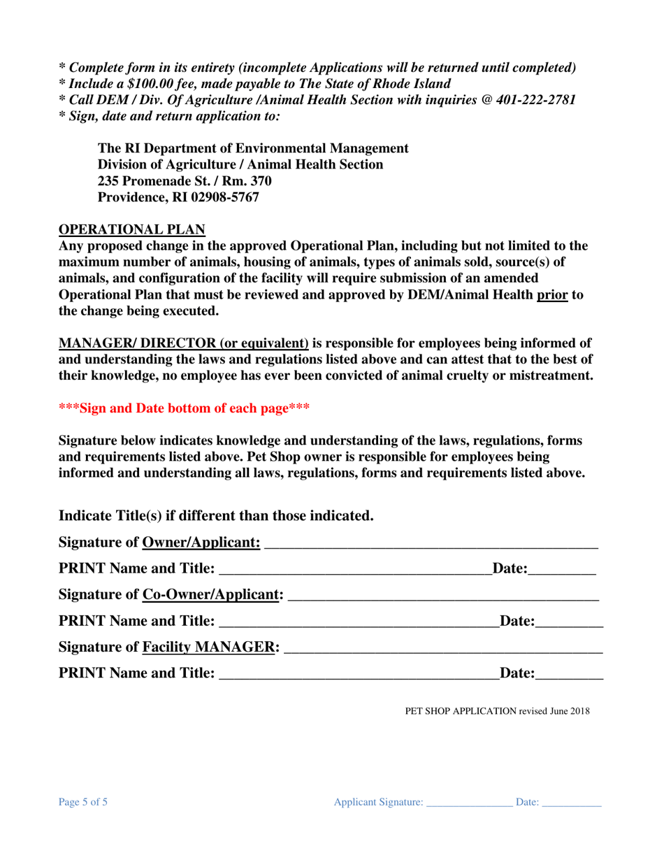 Application for a Pet Shop License - Rhode Island, Page 5