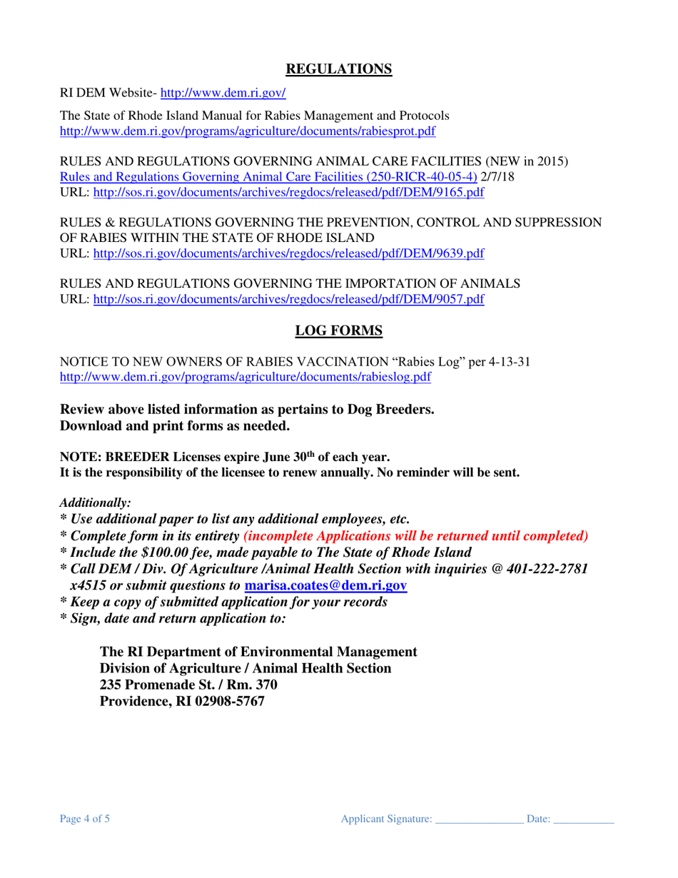 Application for Dog or Cat Breeder License - Rhode Island, Page 4