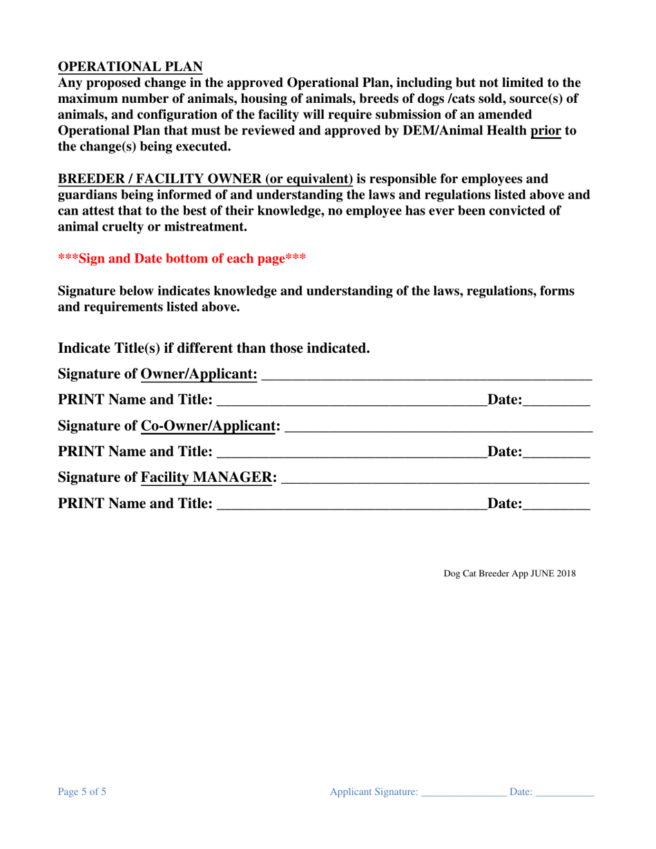 Application for Dog or Cat Breeder License - Rhode Island, Page 5