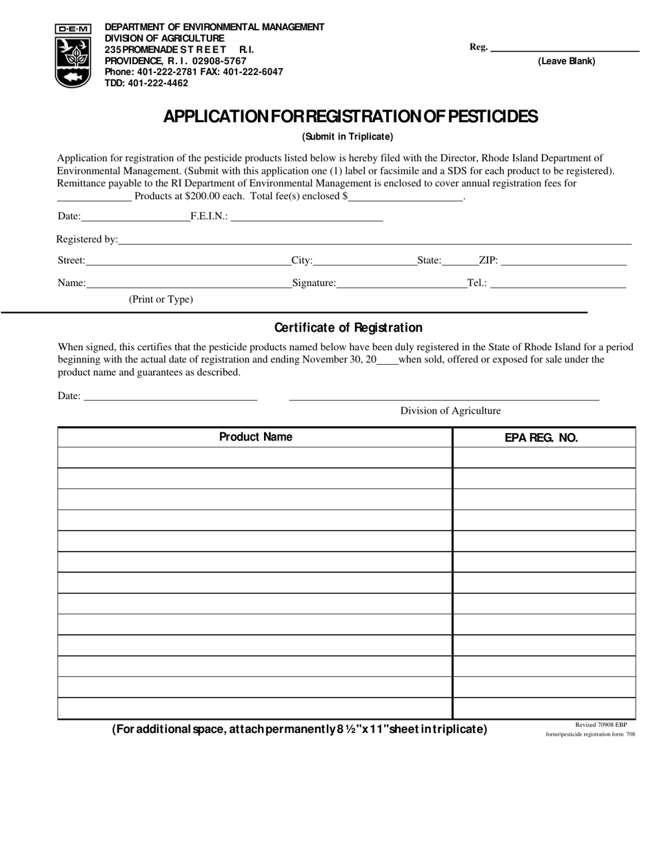 Application for Registration of Pesticides - Rhode Island, Page 1