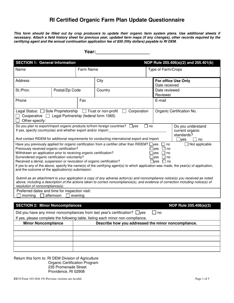 RICO Form 103 Ri Certified Organic Farm Plan Update Questionnaire - Rhode Island, Page 1