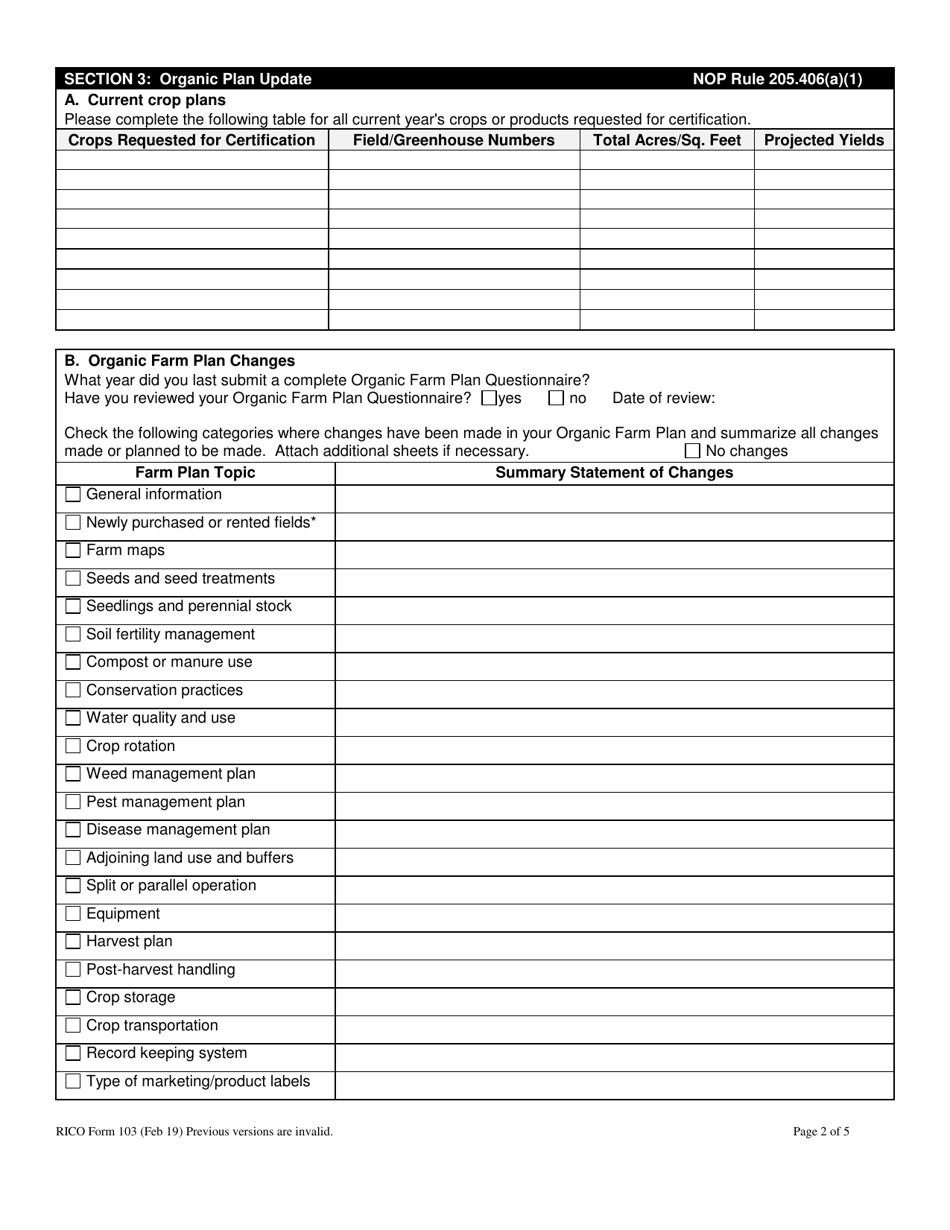 RICO Form 103 Ri Certified Organic Farm Plan Update Questionnaire - Rhode Island, Page 2