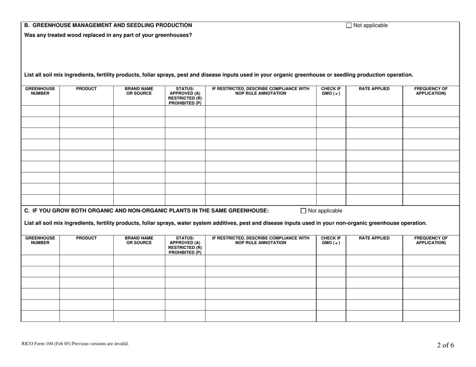 RICO Form 104 Rhode Island Certified Organic History Report - Rhode Island, Page 2