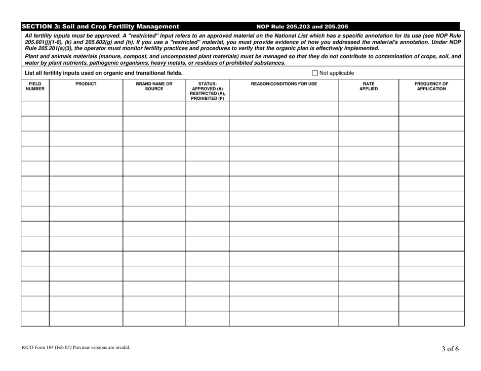 RICO Form 104 Rhode Island Certified Organic History Report - Rhode Island, Page 3