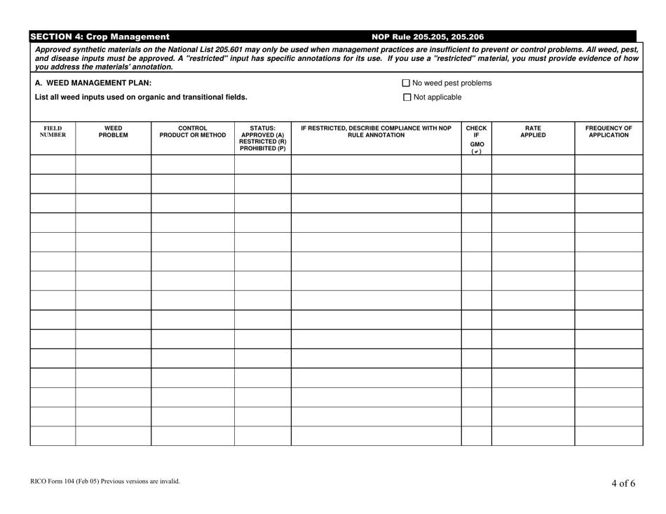 RICO Form 104 Rhode Island Certified Organic History Report - Rhode Island, Page 4