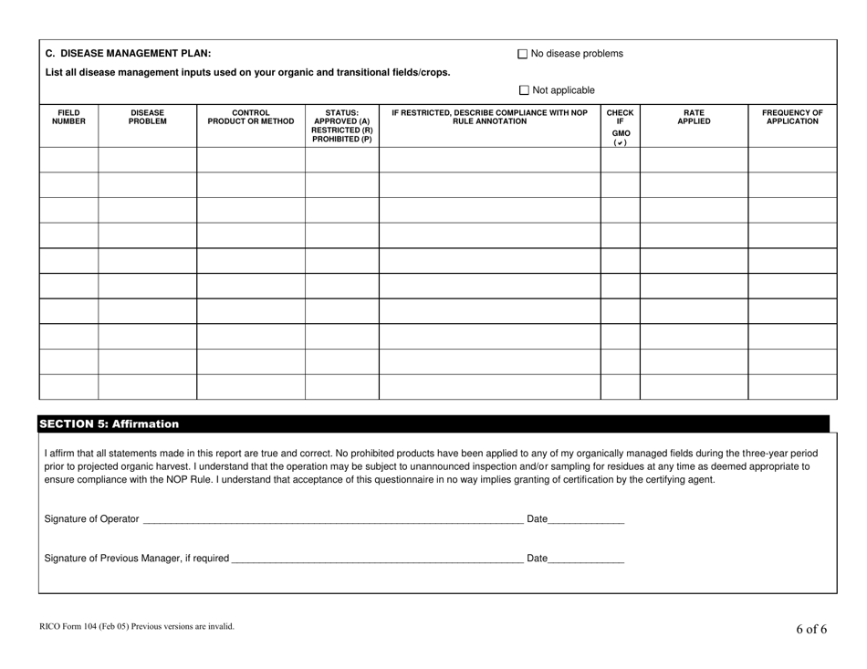 RICO Form 104 Rhode Island Certified Organic History Report - Rhode Island, Page 6