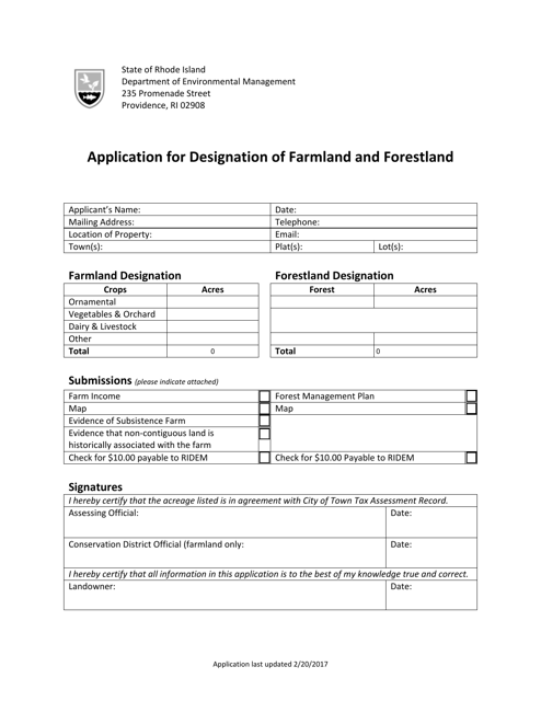 Application for Designation of Farmland and Forestland - Rhode Island