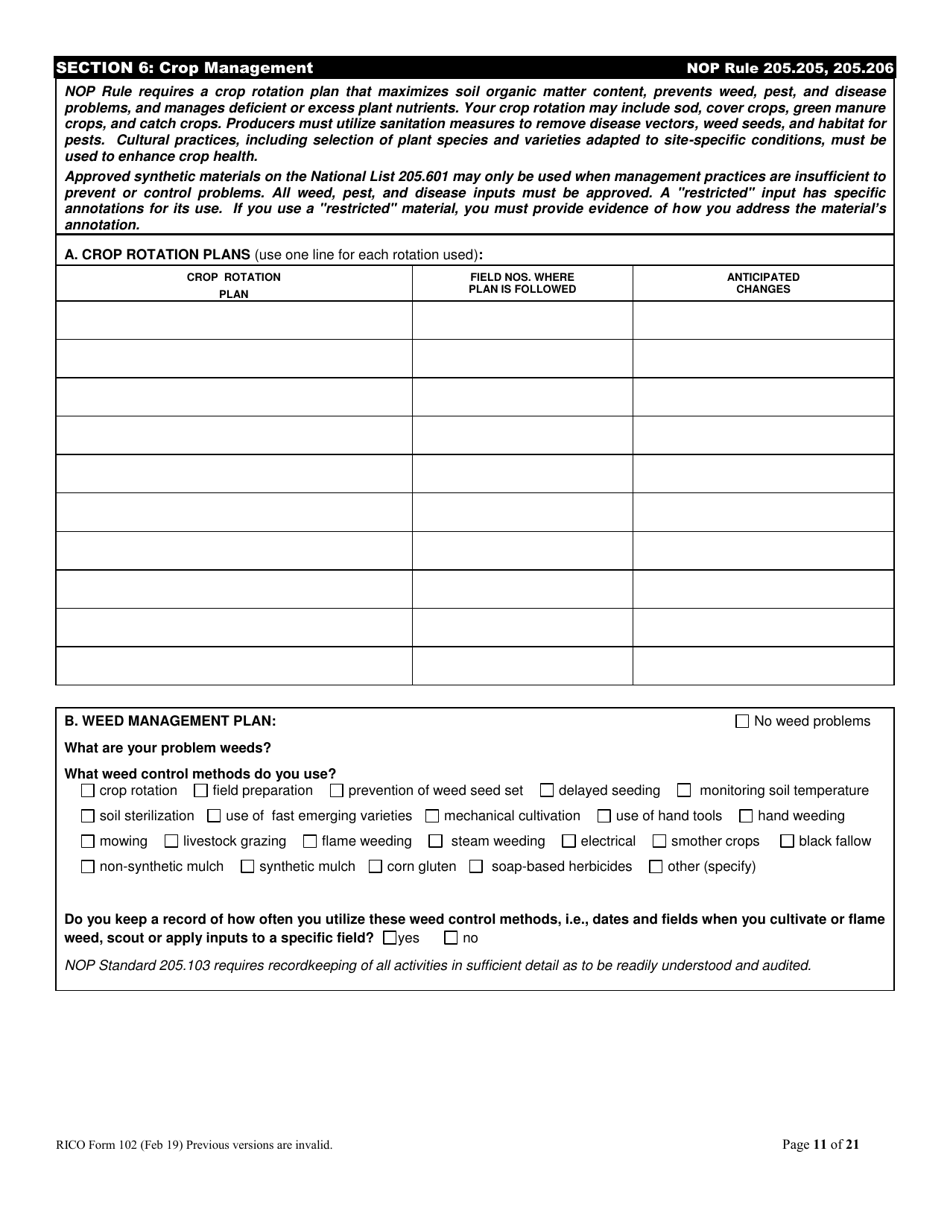 RICO Form 102 Rhode Island Certified Organic Farm Plan Questionnaire - Rhode Island, Page 11