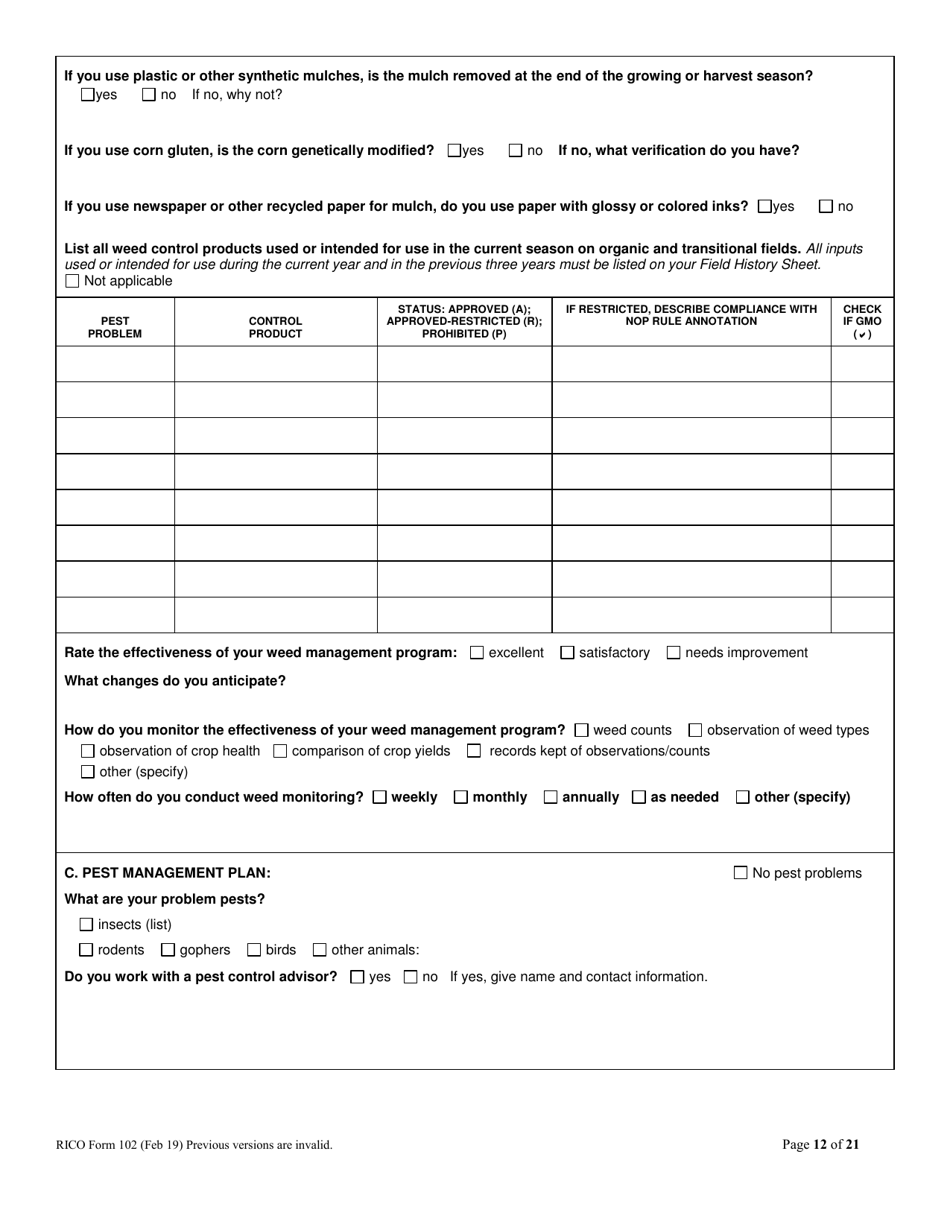 RICO Form 102 Rhode Island Certified Organic Farm Plan Questionnaire - Rhode Island, Page 12