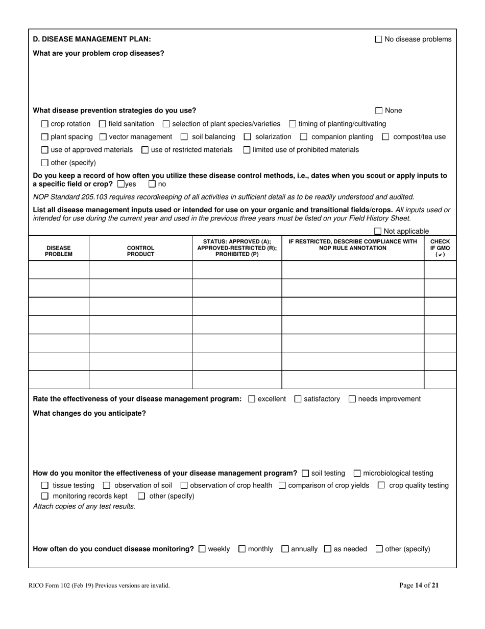 RICO Form 102 Rhode Island Certified Organic Farm Plan Questionnaire - Rhode Island, Page 14